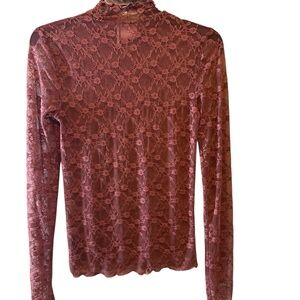 Out From Under Top Elegant Sheer Lace Long Sleeve  Burn Out Brown Sz L See Thru